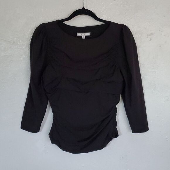Senlis Black Rouched Shirt with Slightly Puff Sleeves - Picture 1 of 12